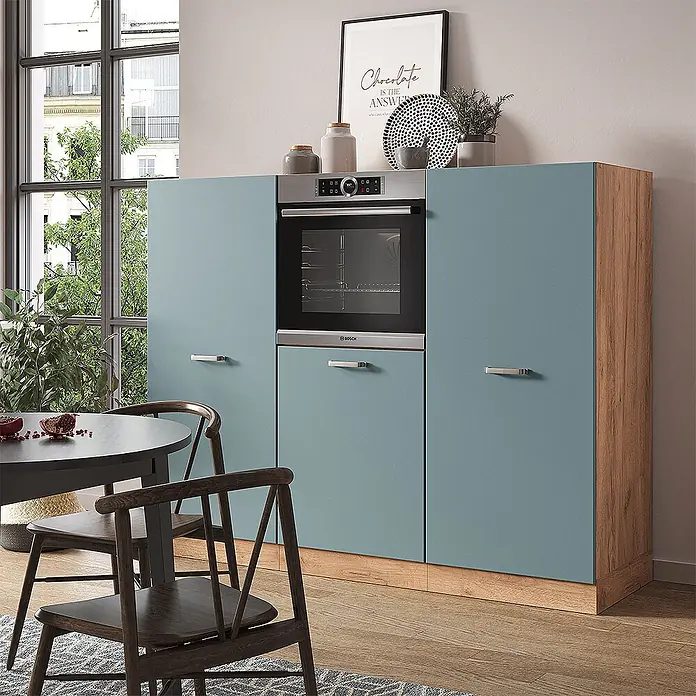 Vicco Küchenleerblock R-Line Blau-Grau/Goldkraft Eiche ohne Arbeitsplatte - Blau-Grau - Moderne Küchenschrankeinheit mit integriertem Backofen, blau-grünen Türen und Holzoptik-Seiten, in einem zeitgenössischen Essbereich.