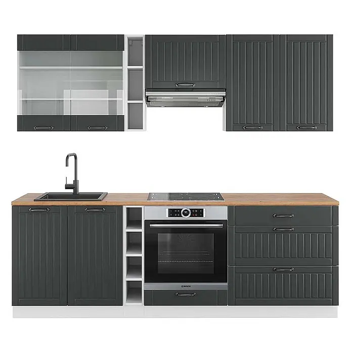 Vicco Küchenzeile Fame-Line Anthrazit Landhaus/Weiß, AP Eiche - Breite: 235 cm, Anthrazit Landhaus, Ohne Elektrogeräte - Dunkelgraue Lattenküche mit Holzplatte, integrierter Spüle, Kochfeld, Backofen, Dunstabzug und einigen Oberschränken mit Glasfronten.