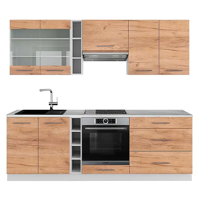 Vicco Küchenzeile Fame-Line Goldkraft Eiche/Weiß, AP Marmor - Breite: 235 cm, Goldkraft Eiche, Ohne Elektrogeräte - Moderne Küchenzeile mit hellen Holzmaserungsschränken, weißen Arbeitsplatten und integrierten Geräten wie Spüle, Kochfeld und Backofen.