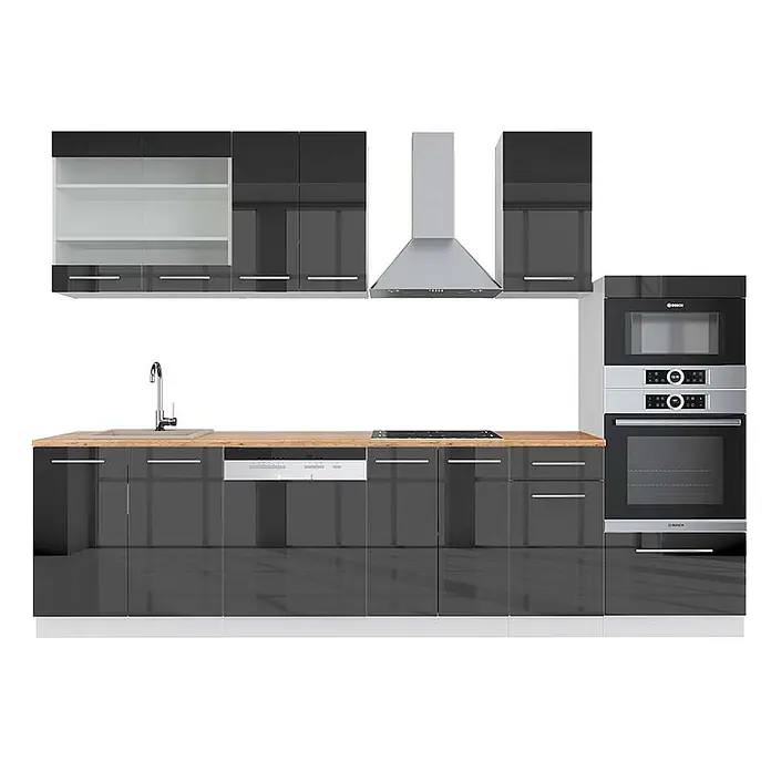Vicco Küchenzeile Fame-Line Anthrazit Hochglanz/Weiß mit Hochschrank, AP Eiche - Breite: 300 cm, Anthrazit Hochglanz, Ohne Elektrogeräte - Moderne anthrazitfarbene Hochglanzküchenzeile mit Holzplatte und integrierten Edelstahlgeräten wie Backofen, Mikrowelle und Geschirrspüler.