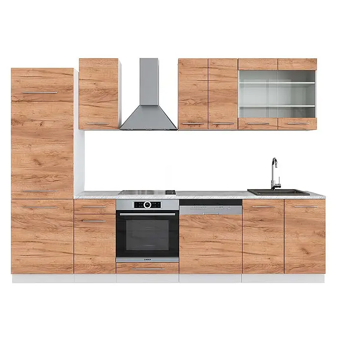 Vicco Küchenzeile Fame-Line Goldkraft Eiche/Weiß, AP Marmor - Breite: 300 cm, Goldkraft Eiche, Ohne Elektrogeräte - Komplette Küchenzeile mit Holzdekor-Fronten, heller Arbeitsplatte und integrierten Edelstahlgeräten: Backofen, Kochfeld, Abzugshaube, Spülmaschine, Spüle.