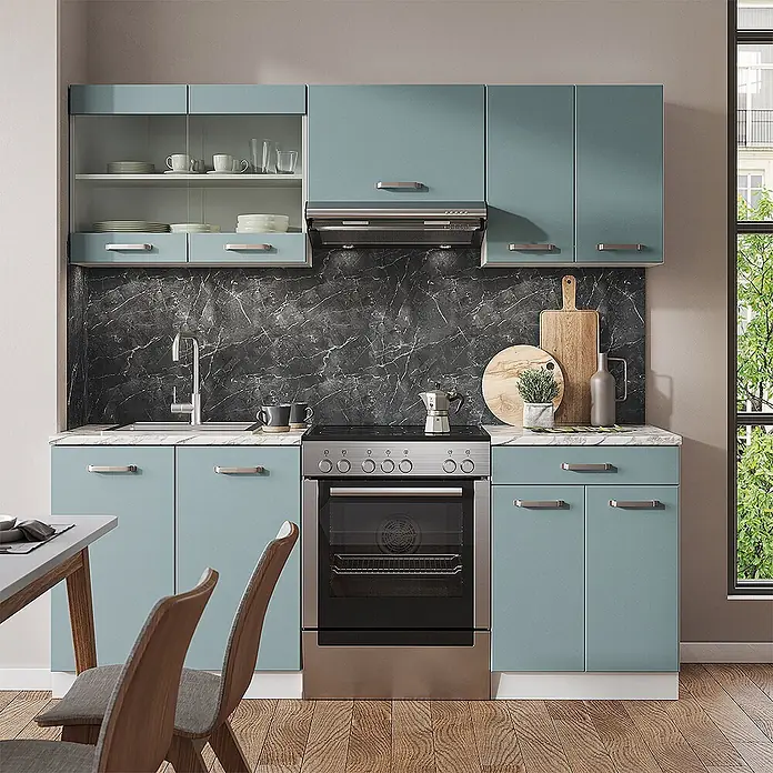 Vicco Küchenzeile R-Line Blau-Grau/Weiß ohne Arbeitsplatte - Breite: 200 cm, Blau-Grau, Ohne Elektrogeräte - Moderne hellblaue Küchenzeile mit Schränken, Spüle und integriertem Ofen, vor einer dunklen Marmor-Rückwand.