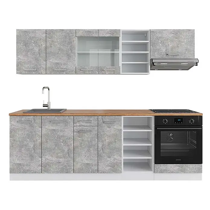 Vicco Küchenzeile R-Line Beton/Weiß, AP Eiche - Breite: 240 cm, Beton, Ohne Elektrogeräte - Modulare Küchenzeile mit grauen Betonoptik-Schränken, Holzplatte, Spüle, schwarzem Ofen, Kochfeld, Dunstabzug und weißen Regalen.