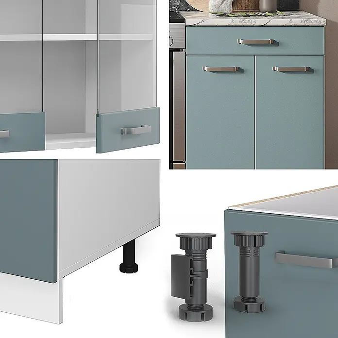 Vicco Küchenzeile R-Line Blau-Grau/Weiß ohne Arbeitsplatte - Breite: 200 cm, Blau-Grau, Ohne Elektrogeräte - Türkisfarbene Küchenschränke mit weißem Interieur, silbernen Griffen und verstellbaren dunklen Füßen.