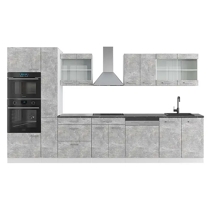 Vicco Küchenzeile R-Line Beton/Weiß mit Hochschrank, AP Anthrazit - Breite: 350 cm, Beton, Ohne Elektrogeräte - Moderne Küchenzeile in Betonoptik Grau mit integrierten Öfen, Kochfeld, Spüle, Dunstabzugshaube und Geschirrspüler.