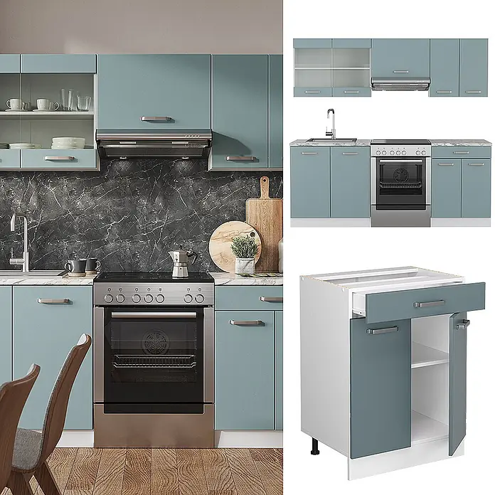 Vicco Küchenzeile R-Line Blau-Grau/Weiß ohne Arbeitsplatte - Breite: 200 cm, Blau-Grau, Ohne Elektrogeräte - Modulares Küchensystem mit petrolfarbenen Schränken, Ober- und Unterschränken sowie Spüleneinheit, in moderner Küchenumgebung.