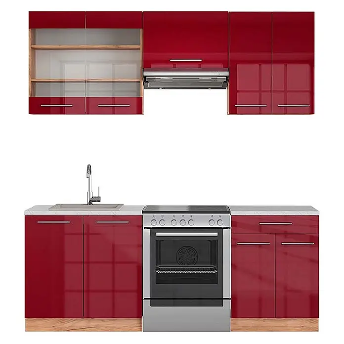 Vicco Küchenzeile Fame-Line Bordeaux Hochglanz/Goldkraft Eiche, AP Marmor - Breite: 200 cm, Bordeaux Hochglanz, Ohne Elektrogeräte - Rote Hochglanz-Küchenzeile mit integriertem Backofen, Kochfeld, Spüle, Dunstabzugshaube und Holzregalen.