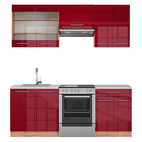 Vicco  Küchenzeile Fame-Line Bordeaux Hochglanz/Goldkraft Eiche, AP Marmor