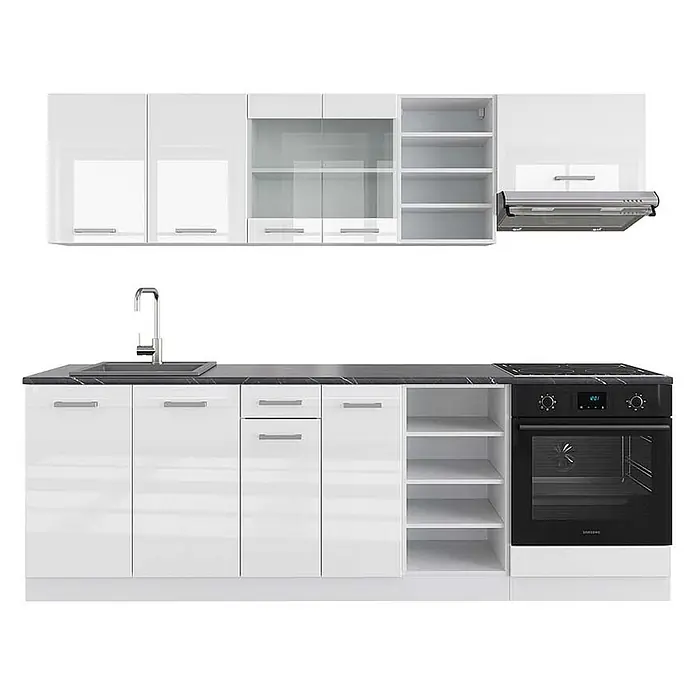 Vicco Küchenzeile R-Line Weiß Hochglanz/Weiß, AP Anthrazit - Breite: 240 cm, Weiß Hochglanz, Ohne Elektrogeräte - Weiße Hochglanz-Küchenzeile mit dunkler Arbeitsplatte, integrierter Spüle, Herd, Backofen und Dunstabzugshaube.