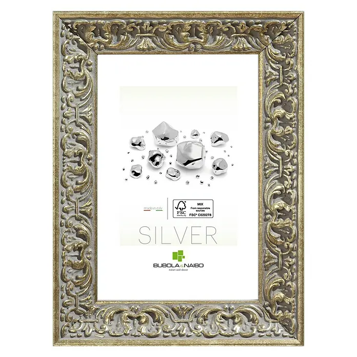 Marco de fotos Amber - 50 x 70 cm, Plateado, Vidrio - Elegante cuadro decorativo plateado con un marco ornamentado, que aporta un toque de diseño italiano a cualquier estancia.