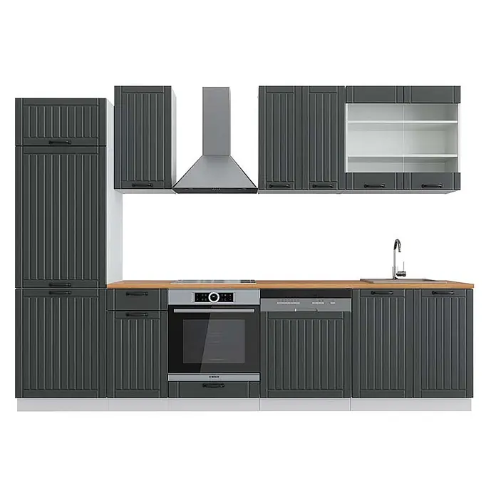 Vicco Küchenzeile Fame-Line Anthrazit Landhaus/Weiß, AP Eiche - Breite: 300 cm, Anthrazit Landhaus, Ohne Elektrogeräte - Moderne dunkelgraue Modulküche mit gerippten Schränken, Holzarbeitsplatte und integrierten Edelstahlgeräten.