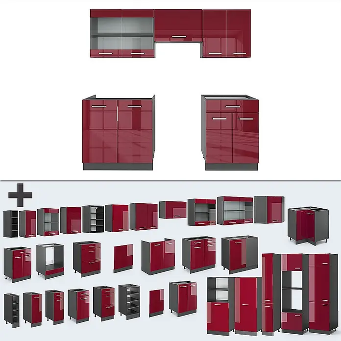 Vicco Küchenzeile R-Line Rot Hochglanz/Anthrazit, AP Marmor - Rot Hochglanz, Ohne Elektrogeräte - Modulare Küchenschränke in Hochglanzrot mit dunkelgrauen Korpen, inkl. Ober-, Unter- und Hochschränken.