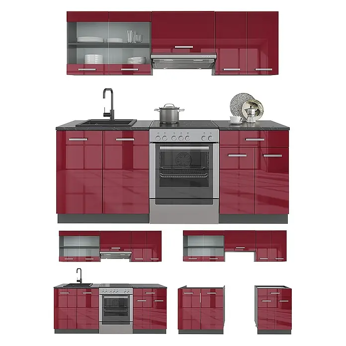 Vicco Küchenzeile R-Line Rot Hochglanz/Anthrazit, AP Marmor - Rot Hochglanz, Ohne Elektrogeräte - Glänzende rote Modulküche mit Spüle, Backofen und Hängeschränken, teils mit Glasfronten, auf schwarzer Arbeitsplatte.