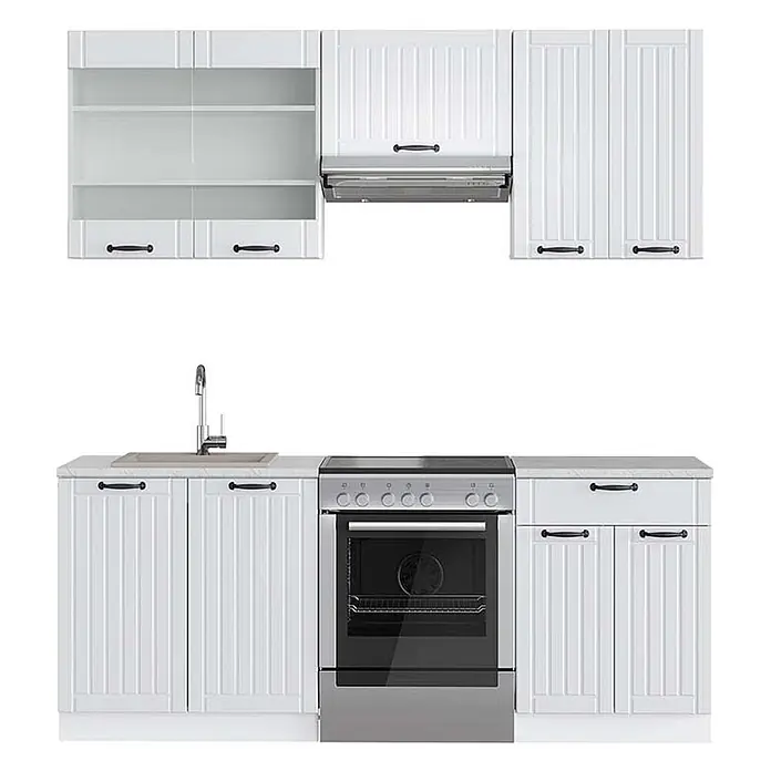 Vicco Küchenzeile Fame-Line Weiß Landhaus/Weiß, AP Marmor - Weiß Landhaus, Ohne Elektrogeräte - Weiße Küchenschrankgarnitur mit Paneelen, integrierter Spüle, Dunstabzugshaube, Edelstahlofen und Kochfeld, mit schwarzen Griffen.