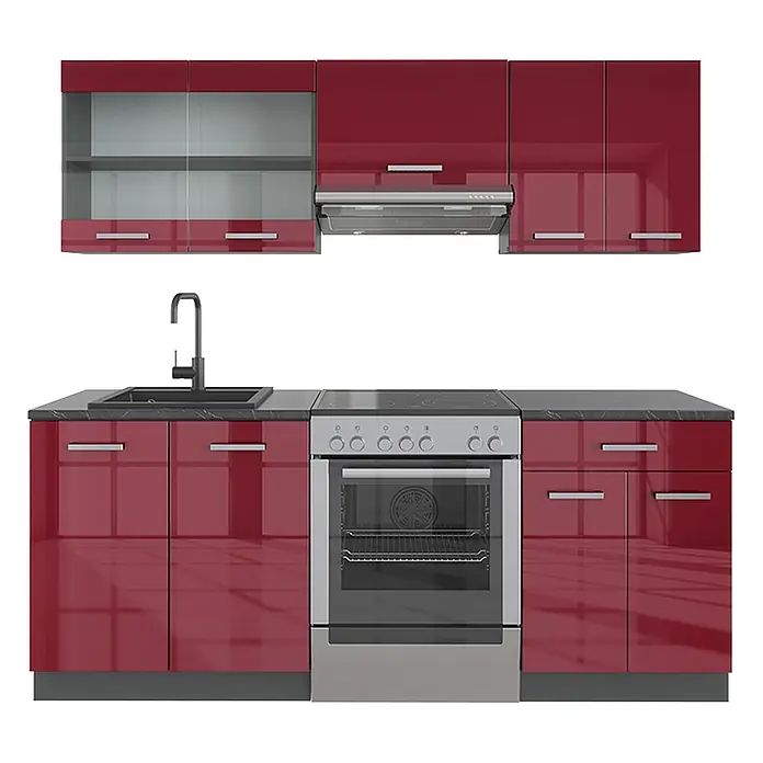 Vicco Küchenzeile R-Line, Rot Hochglanz/Anthrazit, 200 cm -  - Glänzende, dunkelrote Küchenzeile mit dunklen Arbeitsplatten, Spüle, schwarzem Wasserhahn, integriertem Ofen/Kochfeld und Dunstabzugshaube. Mit Oberschränken mit Glasfront.