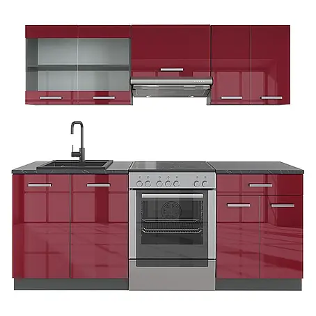 Vicco Küchenzeile R-Line, Rot Hochglanz/Anthrazit, 200 cm
