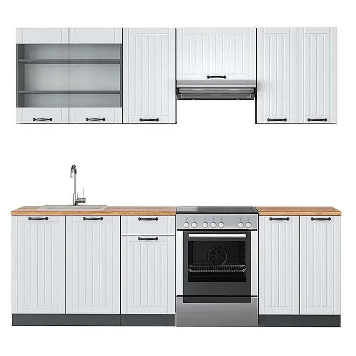 Vicco Küchenzeile Fame-Line Weiß Landhaus/Anthrazit, AP Eiche - Weiß Landhaus, Ohne Elektrogeräte - Weiße Küchenzeile mit schwarzen Griffen, Holzarbeitsplatte, Spüle, Kochfeld und Backofen. Oberschränke teils mit Glasfront.