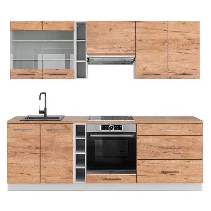 Vicco Küchenzeile Fame-Line Goldkraft Eiche/Weiß, AP Eiche - Breite: 235 cm, Goldkraft Eiche, Ohne Elektrogeräte - Küchenschrank-Set aus Holz mit weißen Akzenten, inklusive Oberschränken, Spüle, Kochfeld und Backofen für eine komplette Küchenlösung.
