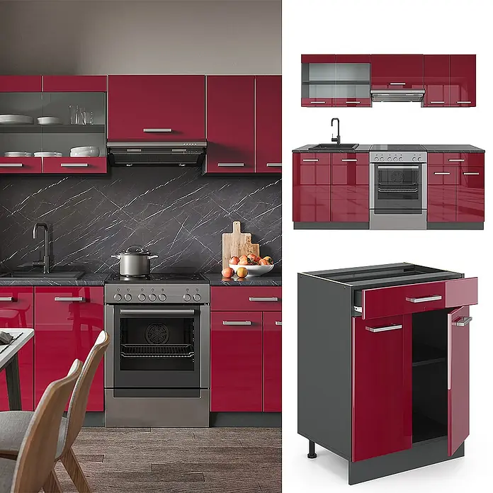 Vicco Küchenzeile R-Line Rot Hochglanz/Anthrazit, AP Marmor - Rot Hochglanz, Ohne Elektrogeräte - Rote Hochglanz-Modulküche mit verschiedenen Schränken, Backofen und Spüle.