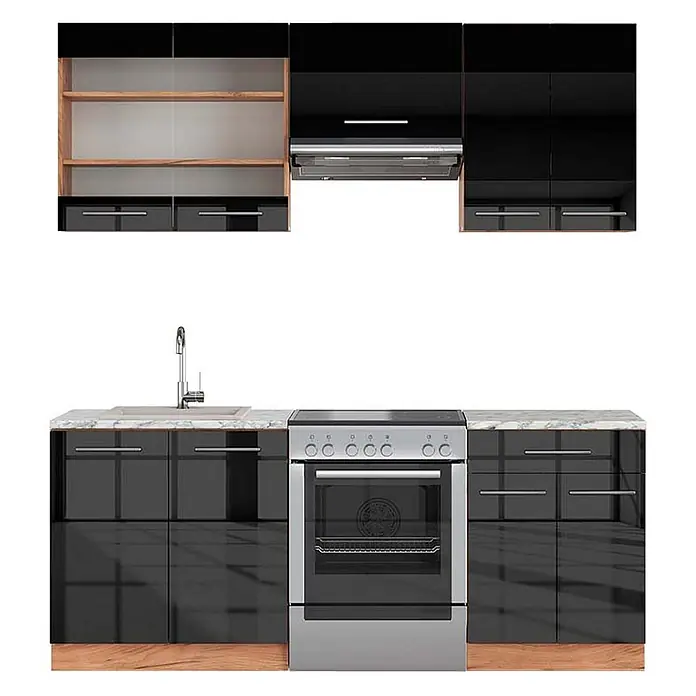 Vicco Küchenzeile Fame-Line Anthrazit Hochglanz/Goldkraft Eiche, AP Marmor - Breite: 200 cm, Anthrazit Hochglanz, Ohne Elektrogeräte - Moderne Küchenzeile mit hochglänzenden schwarzen Schränken, Holzdetails, Marmor-Arbeitsplatte, Spüle und Edelstahlherd.