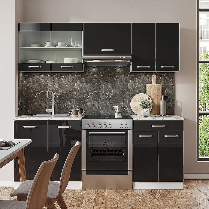 Vicco Küchenzeile R-Line Schwarz Hochglanz/Weiß, AP Anthrazit - Breite: 200 cm, Schwarz Hochglanz, Ohne Elektrogeräte - Moderne Küchenzeile mit glänzenden schwarzen Schränken, weißer Arbeitsplatte und dunkler Marmor-Rückwand, inklusive Spüle und Herd.
