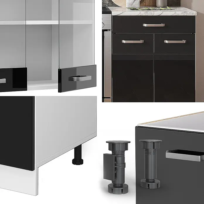 Vicco Küchenzeile R-Line Schwarz Hochglanz/Weiß, AP Anthrazit - Breite: 200 cm, Schwarz Hochglanz, Ohne Elektrogeräte - Modulares Küchenschranksystem in Schwarzglanz und Weiß mit Glastüren, silbernen Griffen und verstellbaren Füßen.