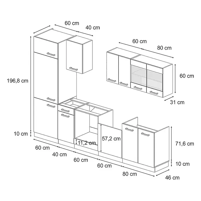 Vicco Küchenzeile R-Line Blau-Grau/Anthrazit, AP Eiche - Blau-Grau, Ohne Elektrogeräte - Schematische Darstellung einer modularen Küchenschrankkombination mit Maßen.