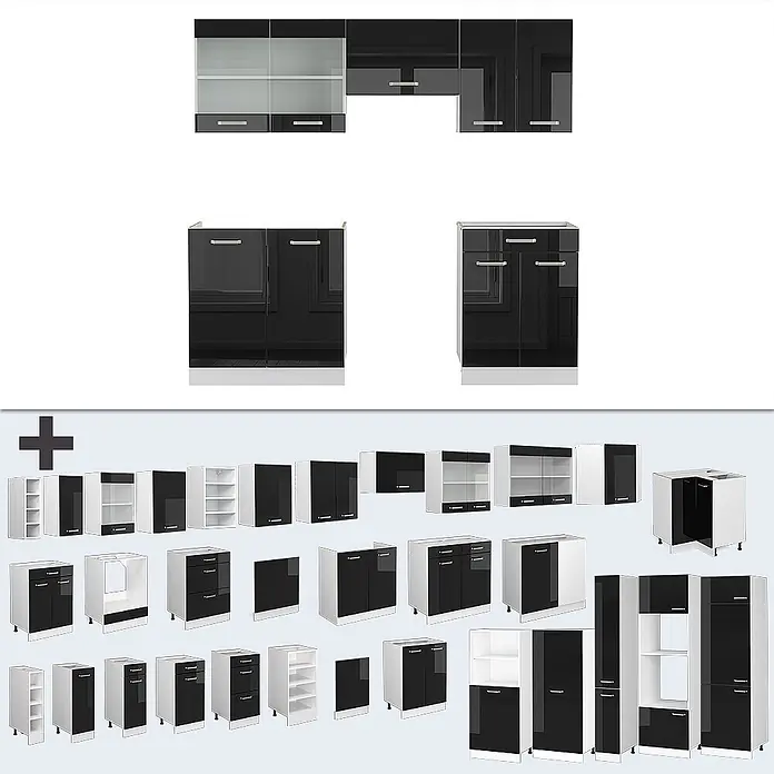 Vicco Küchenzeile R-Line Schwarz Hochglanz/Weiß, AP Anthrazit - Breite: 200 cm, Schwarz Hochglanz, Ohne Elektrogeräte - Modulare Küchenschränke mit glänzenden schwarzen Fronten, weißen Korpen, bestehend aus Ober-, Unter- und Hochschränken.