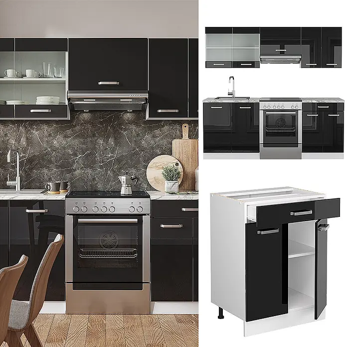 Vicco Küchenzeile R-Line Schwarz Hochglanz/Weiß, AP Anthrazit - Breite: 200 cm, Schwarz Hochglanz, Ohne Elektrogeräte - Schwarze glänzende modulare Küchenschränke mit integriertem Backofen, Spüle und Dunstabzugshaube.