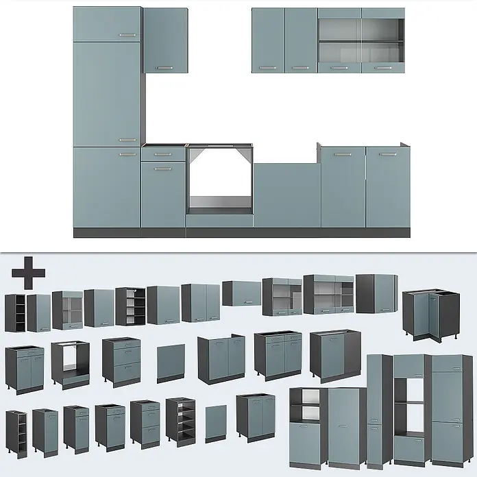 Vicco Küchenzeile R-Line Blau-Grau/Anthrazit, AP Eiche - Blau-Grau, Ohne Elektrogeräte - Modulares Küchenschranksystem in Hellblau, mit verschiedenen Unter-, Ober- und Hochschränken sowie Geräteoptionen.