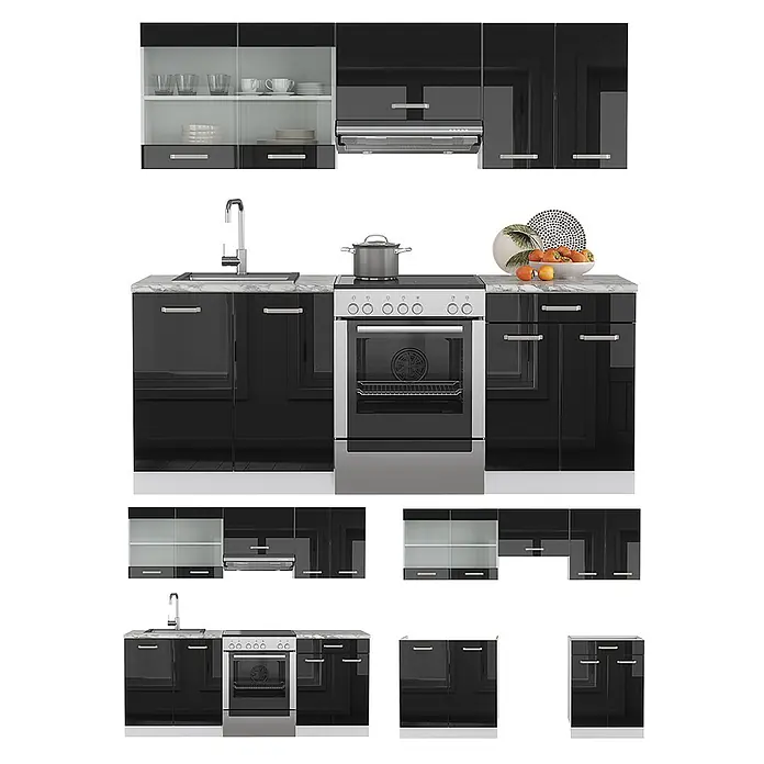 Vicco Küchenzeile R-Line Schwarz Hochglanz/Weiß, AP Anthrazit - Breite: 200 cm, Schwarz Hochglanz, Ohne Elektrogeräte - Schwarze Hochglanz-Modulküche mit silbernen Griffen, Arbeitsplatten in Marmoroptik und Oberschränken mit Milchglas.