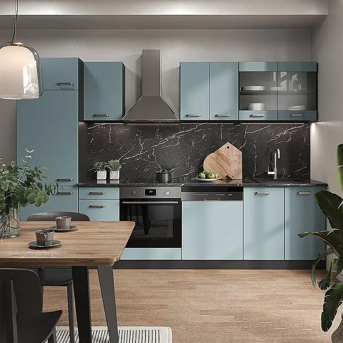 Vicco Küchenzeile R-Line Blau-Grau/Anthrazit, AP Eiche - Blau-Grau, Ohne Elektrogeräte - Moderne Küche mit hellblauen Schränken, dunkler Marmorrückwand und -arbeitsplatte, Edelstahlgeräten.