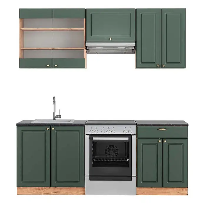 Vicco Küchenzeile Fame-Line Grün-Gold Landhaus/Goldkraft Eiche, AP Anthrazit - Grün-Gold Landhaus, Ohne Elektrogeräte - Modulare dunkelgrüne Küche mit Spüle, Backofen und Dunstabzugshaube.