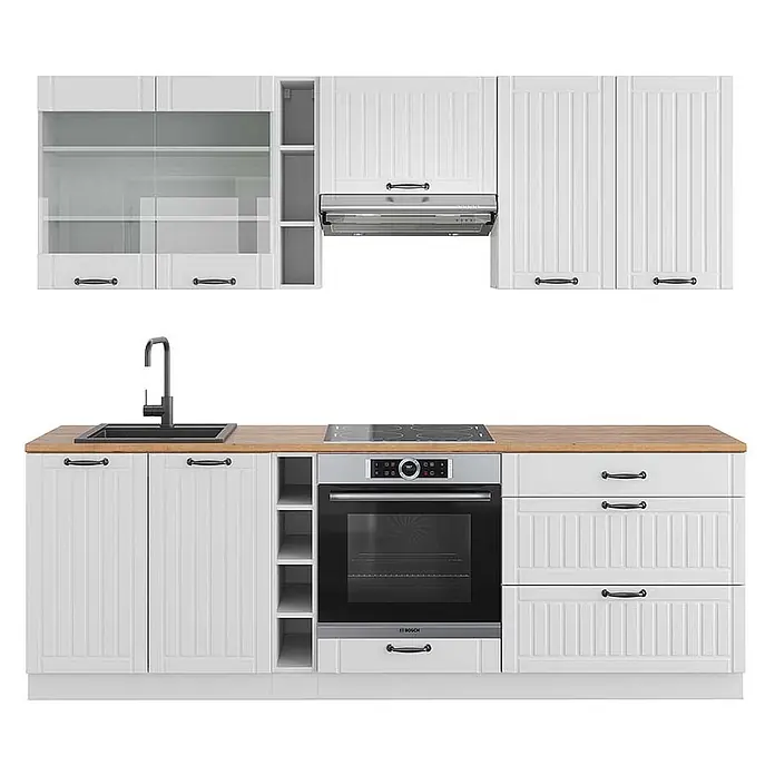 Vicco Küchenzeile Fame-Line Weiß Landhaus/Weiß, AP Eiche - Breite: 235 cm, Weiß Landhaus, Ohne Elektrogeräte - Weiße Küchenschränke mit Paneeltüren, Holzarbeitsplatte, schwarzer Spüle und integriertem Ofen, Kochfeld sowie Dunstabzugshaube.