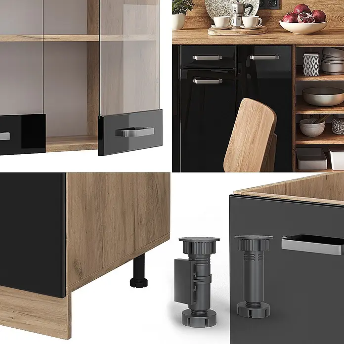 Vicco Küchenzeile R-Line Schwarz Hochglanz/Goldkraft Eiche ohne Arbeitsplatte - Breite: 240 cm, Schwarz Hochglanz, Ohne Elektrogeräte - Modulare Küchenschränke mit schwarzen Hochglanzfronten, Holzoptik-Details, Glastüren und verstellbaren Füßen für vielseitiges Küchendesign.