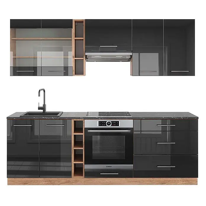 Vicco Küchenzeile Fame-Line Anthrazit Hochglanz/Goldkraft Eiche, AP Anthrazit - Breite: 235 cm, Anthrazit Hochglanz, Ohne Elektrogeräte - Moderne hochglanz-dunkelgraue Küche mit Holzdetails, integrierten Geräten und Arbeitsplatte in Marmoroptik.