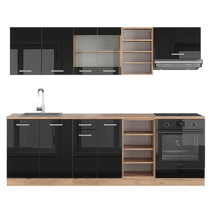 Vicco Küchenzeile R-Line Schwarz Hochglanz/Goldkraft Eiche ohne Arbeitsplatte - Breite: 240 cm, Schwarz Hochglanz, Ohne Elektrogeräte - Modernes Küchenset in Hochglanz-Schwarz mit heller Holzoptik, Spüle, Kochfeld und Backofen.
