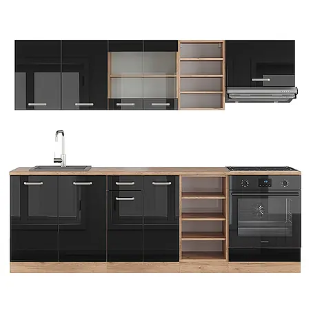 Vicco  Küchenzeile R-Line Schwarz Hochglanz/Goldkraft Eiche ohne Arbeitsplatte
