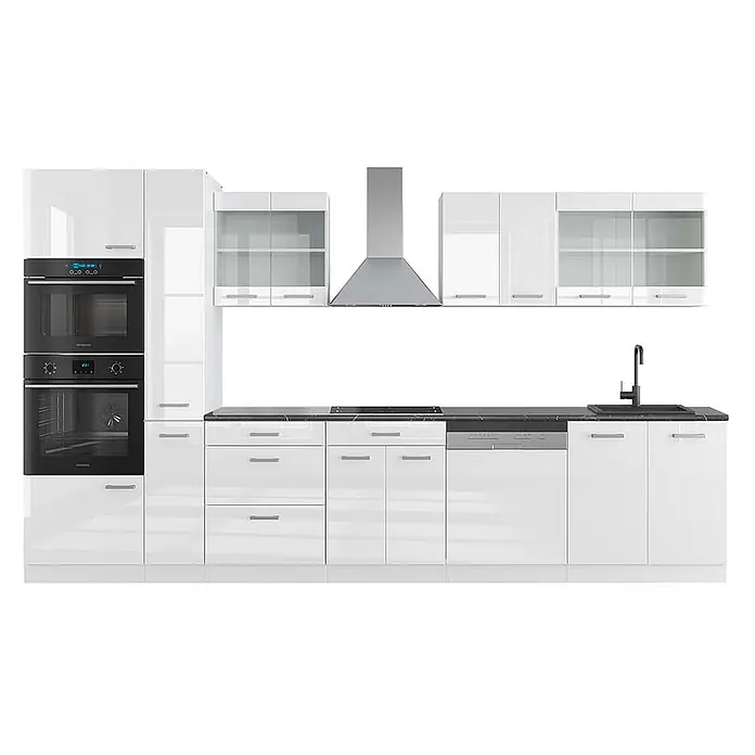 Vicco Küchenzeile R-Line Weiß Hochglanz/Weiß mit Hochschrank, AP Anthrazit - Breite: 350 cm, Weiß Hochglanz, Ohne Elektrogeräte - Moderne weiße Hochglanzküche mit integrierten Öfen, Kochfeld, Geschirrspüler, schwarzen Arbeitsplatten und Dunstabzugshaube.