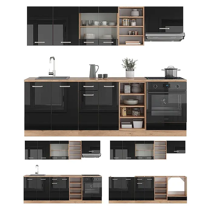 Vicco Küchenzeile R-Line Schwarz Hochglanz/Goldkraft Eiche ohne Arbeitsplatte - Breite: 240 cm, Schwarz Hochglanz, Ohne Elektrogeräte - Modulare Hochglanz-Schwarz-Küche mit hellen Holz-Arbeitsplatten, offenen Regalen, Spüle, Kochfeld und Ofen. Enthält verschiedene Ober- und Unterschränke.