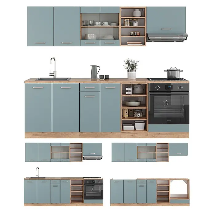 Vicco Küchenzeile R-Line Blau-Grau/Goldkraft Eiche, AP Eiche - Blau-Grau, Ohne Elektrogeräte - Modulare Küche mit hellblauen Schränken und Holzoptik-Oberflächen, mit Spüle, Backofen und offenen Regalen.