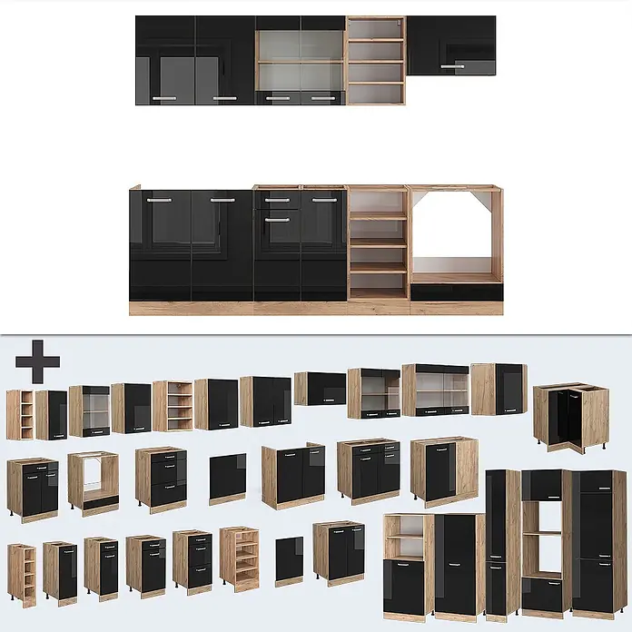 Vicco Küchenzeile R-Line Schwarz Hochglanz/Goldkraft Eiche ohne Arbeitsplatte - Breite: 240 cm, Schwarz Hochglanz, Ohne Elektrogeräte - Modulare Küchenschränke mit schwarzen Hochglanzfronten und Holzoptik-Rahmen, montiert und als Einzelteile dargestellt.