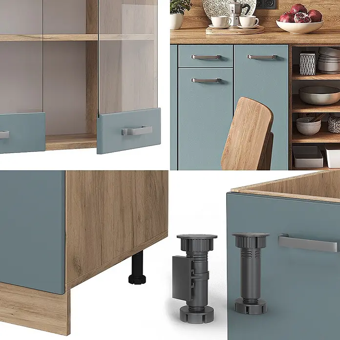 Vicco Küchenzeile R-Line Blau-Grau/Goldkraft Eiche, AP Eiche - Blau-Grau, Ohne Elektrogeräte - Küchenschranksystem in Blau-Grau mit heller Holzoptik, silbernen Griffen, Glastüren und verstellbaren Standfüßen.