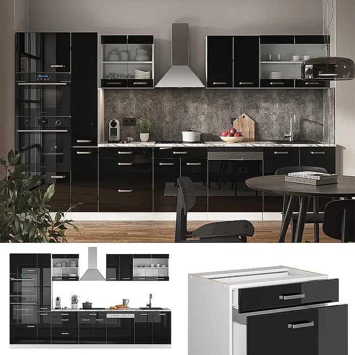 Vicco Küchenzeile R-Line Schwarz Hochglanz/Weiß mit Hochschrank, AP Anthrazit - Breite: 350 cm, Schwarz Hochglanz, Ohne Elektrogeräte - Moderne schwarze Hochglanz-Einbauküche mit integrierten Öfen und viel Stauraum, eleganten Schränken und Schubladen.