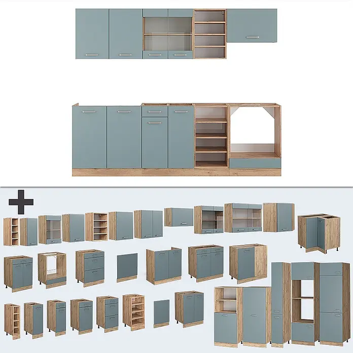 Vicco Küchenzeile R-Line Blau-Grau/Goldkraft Eiche, AP Eiche - Blau-Grau, Ohne Elektrogeräte - Modulare Küchenschränke in Hellblau und Holzoptik, inklusive Ober-, Unter- und Hochschränke mit Regalen und integrierten Gerätestellplätzen.