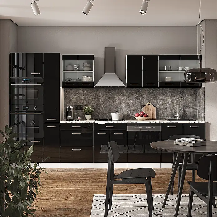 Vicco Küchenzeile R-Line Schwarz Hochglanz/Weiß mit Hochschrank, AP Anthrazit - Breite: 350 cm, Schwarz Hochglanz, Ohne Elektrogeräte - Moderne Küche mit eleganten schwarzen Hochglanzschränken, integrierten Öfen und viel Stauraum, in einem stilvollen und funktionalen Raum.