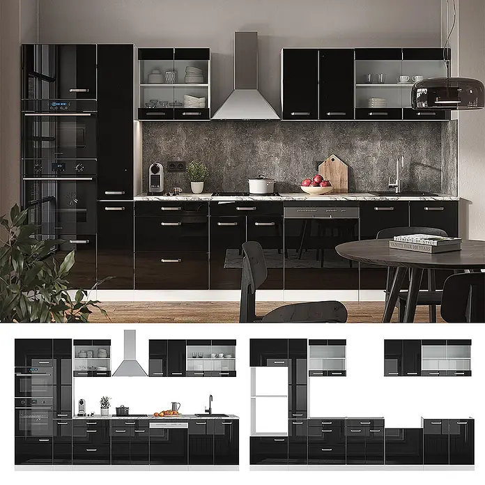 Vicco Küchenzeile R-Line Schwarz Hochglanz/Weiß mit Hochschrank, AP Marmor - Breite: 350 cm, Schwarz Hochglanz, Ohne Elektrogeräte - Moderne hochglanz schwarze Küche mit integrierten Geräten, Vitrinen und Essbereich in einem zeitgenössischen Zuhause.