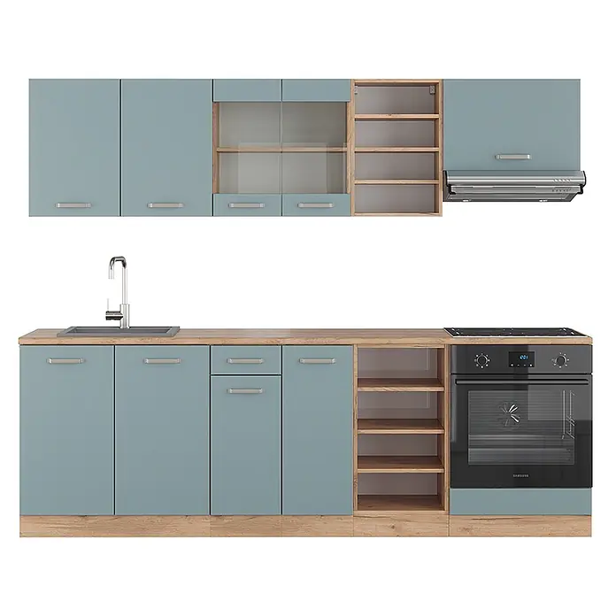 Vicco Küchenzeile R-Line Blau-Grau/Goldkraft Eiche ohne Arbeitsplatte - Breite: 240 cm, Blau-Grau, Ohne Elektrogeräte - Modulare Küchenzeile mit hellblauen Schränken, Holzarbeitsplatten, Spüle, Kochfeld, Backofen und Dunstabzugshaube.