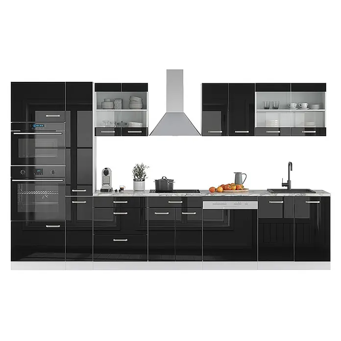 Vicco Küchenzeile R-Line Schwarz Hochglanz/Weiß mit Hochschrank, AP Anthrazit - Breite: 350 cm, Schwarz Hochglanz, Ohne Elektrogeräte - Moderne schwarze Hochglanzküche mit integrierten Geräten, Marmor-Arbeitsplatte und Dunstabzugshaube.