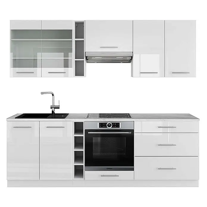 Vicco Küchenzeile Fame-Line Weiß Hochglanz/Weiß, AP Marmor - Breite: 235 cm, Weiß Hochglanz, Ohne Elektrogeräte - Weißes Hochglanz-Küchenset mit Spüle, Kochfeld, Backofen und Dunstabzugshaube.